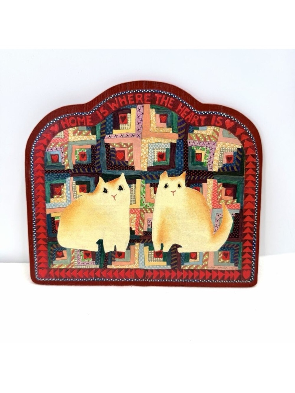 Vintage Handmade Country Cats Wooden Folk Art Plaque Home Is Where The Heart Is